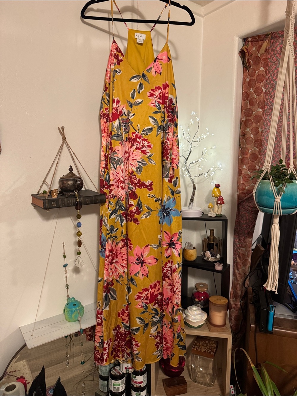 Nicole Miller Mustard Yellow Floral Maxi Dress with Pink & Red Blooms